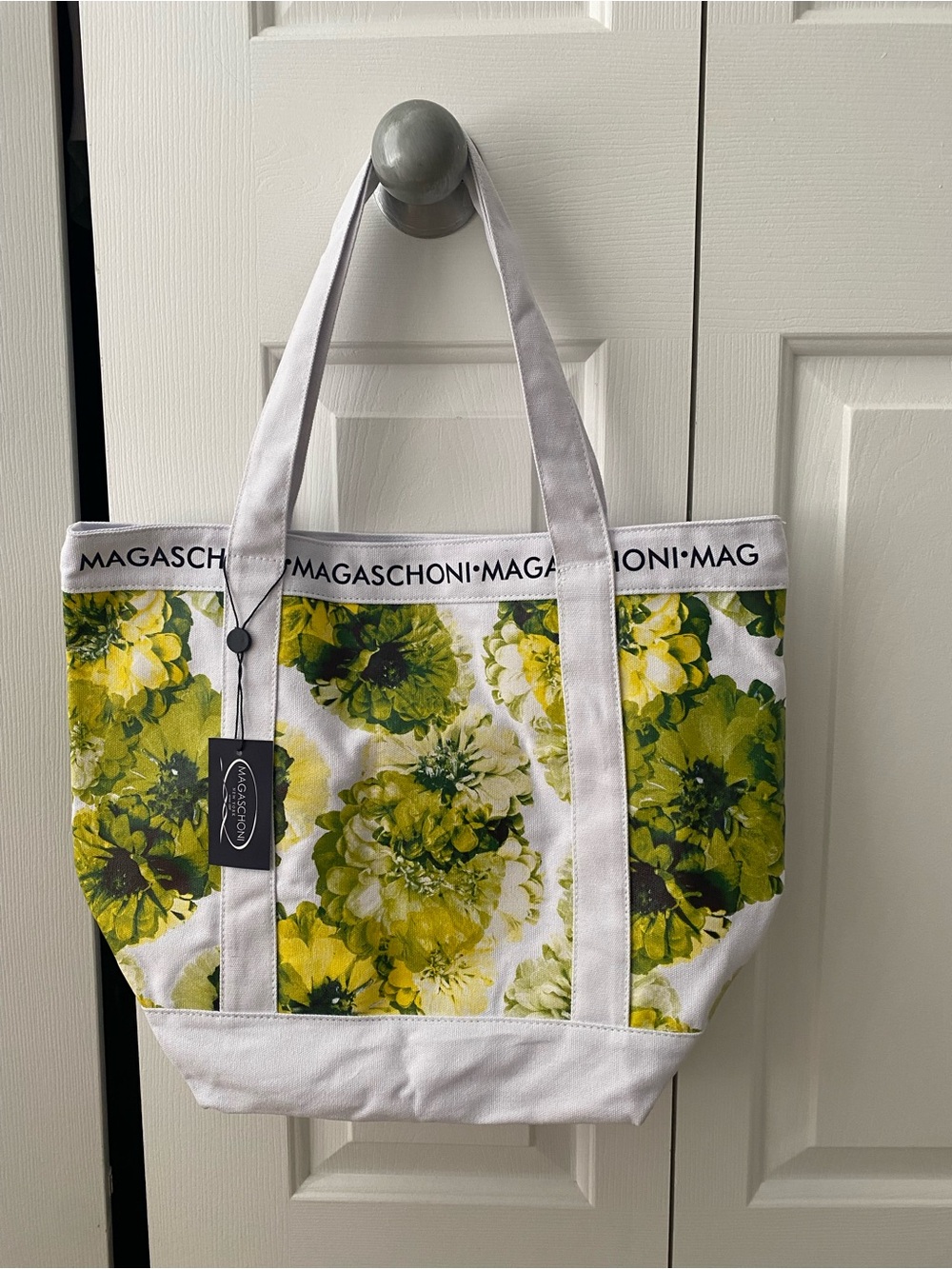 Magaschoni White & Green Floral Canvas Tote Bag